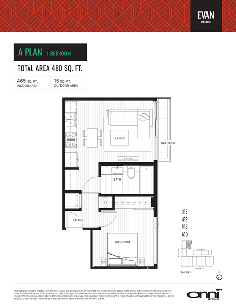 Floor plan for 1 bed, 1 bath, 465 sqft